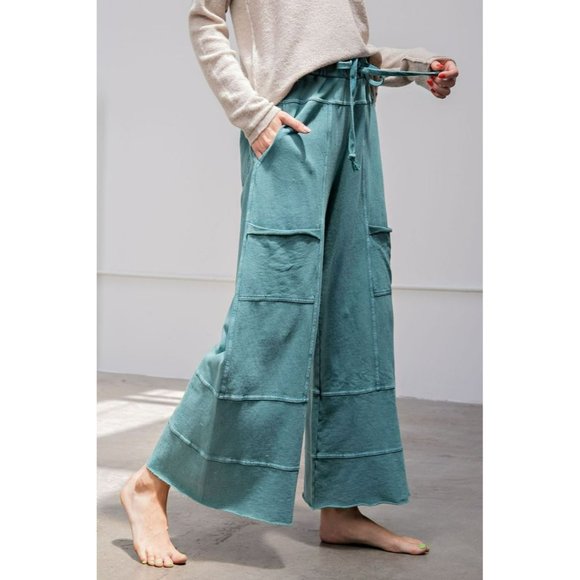 easel Pants & Jumpsuits Easel Mineral Washed Terry Knit Wide Leg Boho Bohemian Pants Teal
